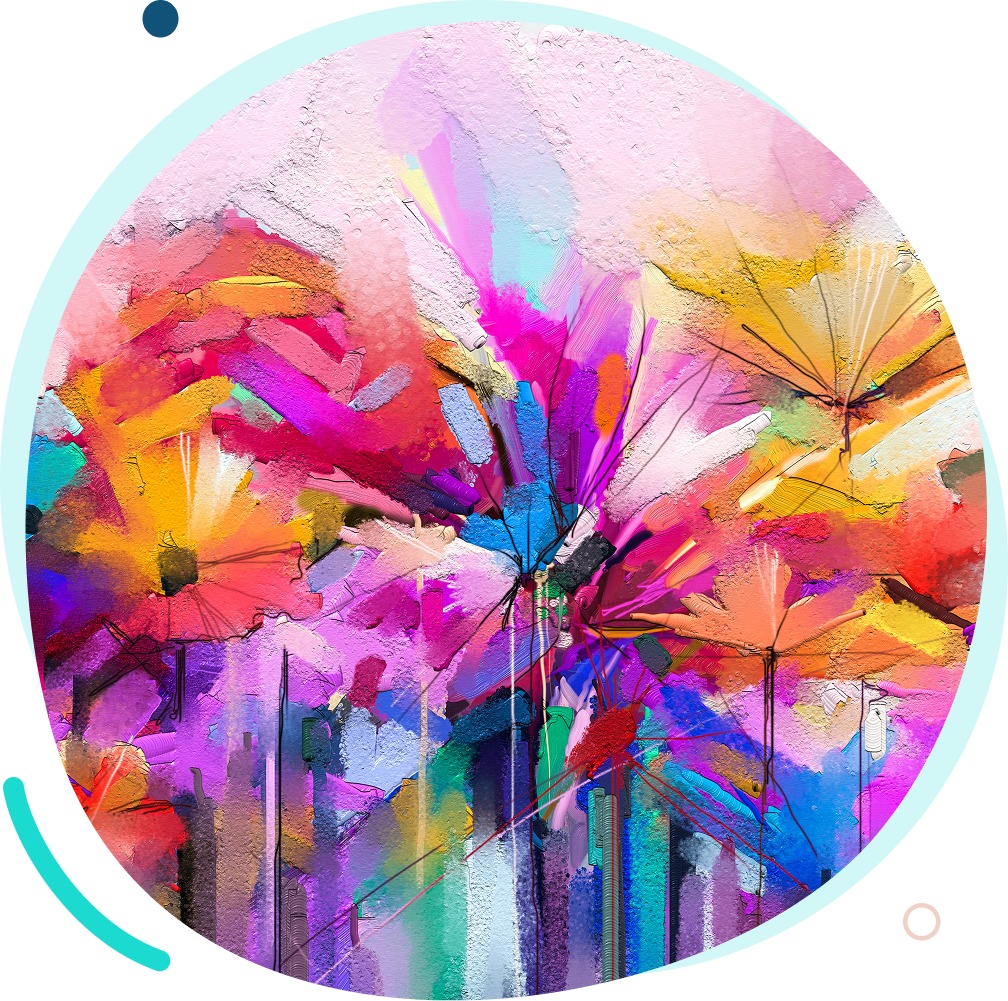Vibrant abstract painting of colorful flowers in bloom.